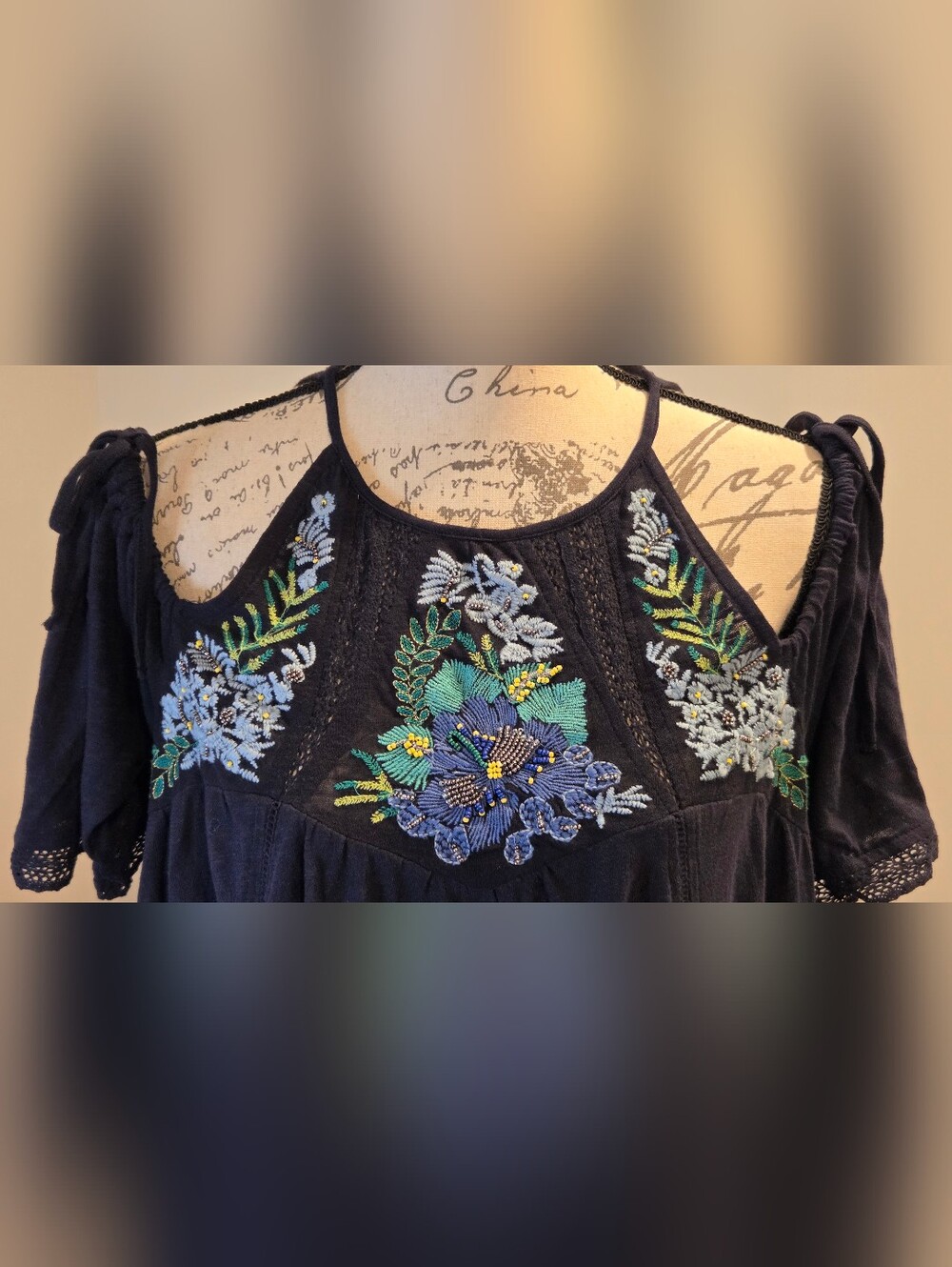 Free People Navy Blue  Cold-Shoulder Embroidered Top, Size S. - Picture 7 of 16